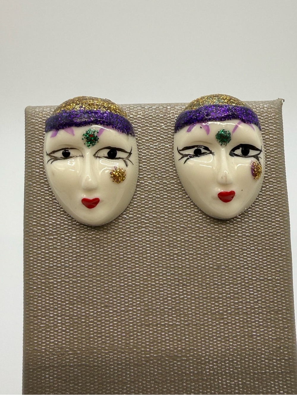 Vintage 1980s Harlequin Pierrot Mask Face Stud Earrings Glitter